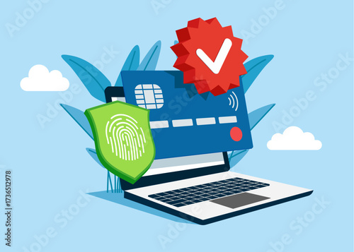 Credit card money financial security for online shopping in e-commerce. Credit Card Limits. Money savings. Max loan amounts. laptop. Vector flat illustration