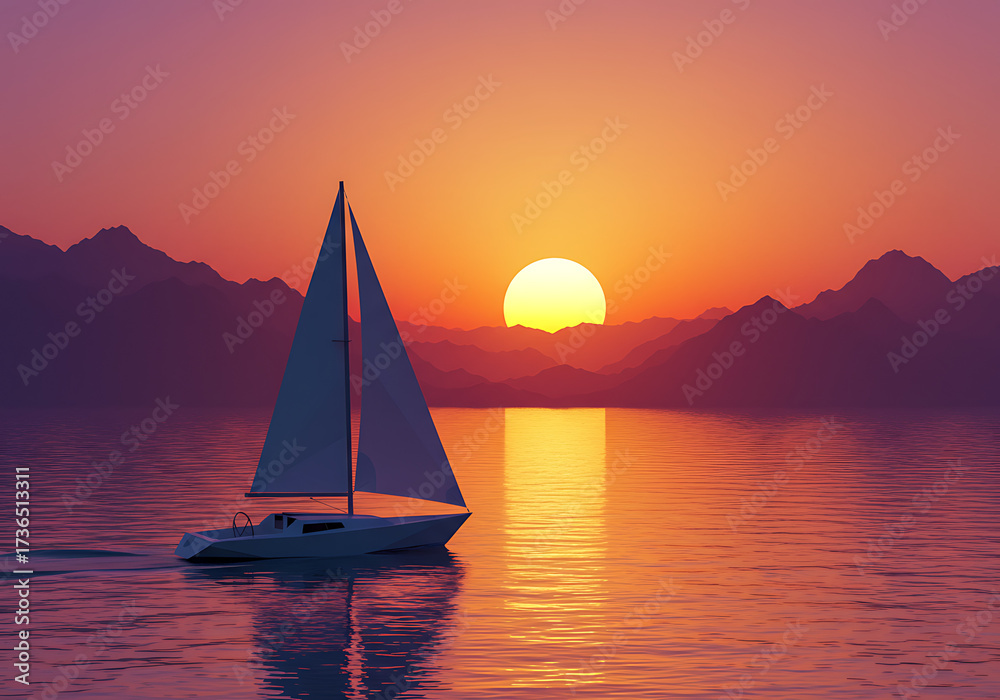 Naklejka premium Sailing Into Sunset Serene Sailboat at Dusk on Calm Water With Mountains