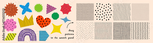 Pattern vector collection with colorful abstract shapes like stars, hearts, f...
