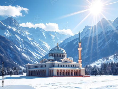 Origami-Style Digital Painting of a Snowy Mosque in Majestic Mountains