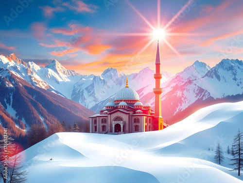 Origami-Style Digital Painting of a Snowy Mosque in Majestic Mountains