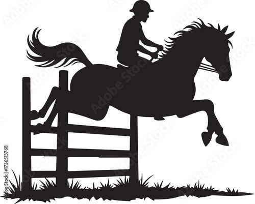 Black silhouette of horse and rider jumping over fence