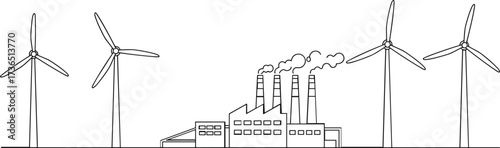 City wind turbine silhouette icon vector illustration on urban factory skyline