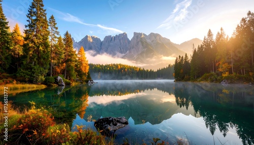 Fototapeta Naklejka Na Ścianę i Meble -  Scenic alpine lake at sunrise