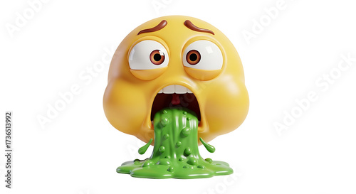 A cartoon emoji character is vomiting bright green liquid, showing distress.