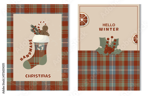 Handmade Christmas poster set. Winter Greeting Card Plaid Design Set. Rustic holiday card collection with handmade stocking and plaid tartan pattern. Sustainable christmas concept. Vector illustration