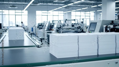 Stacks of Printed Papers in Printing Facility - Stacks of white printed papers are conveyed along a belt in a modern printing facility.