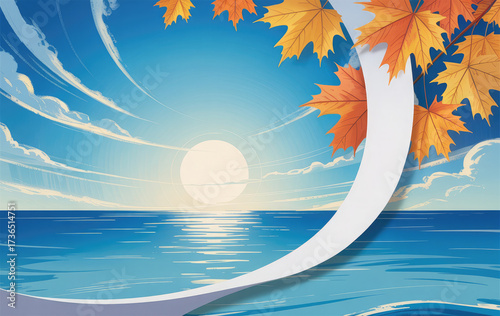 Sunlight reflecting on the ocean with autumn leaves and a bright blue sky