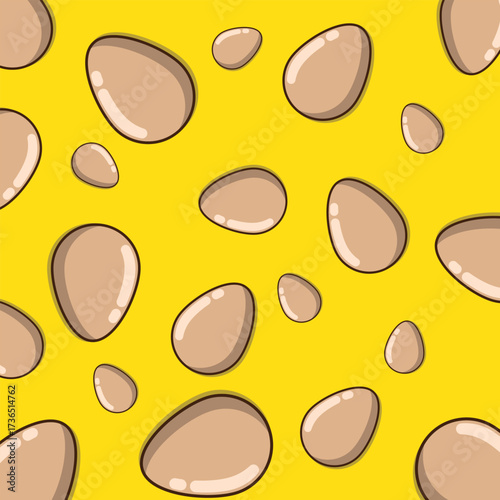 "A playful seamless pattern featuring stylized whole eggs (uncooked) scattered across a bright yellow background.