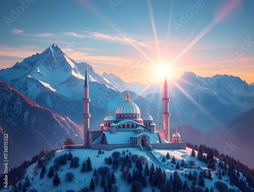 Origami-Style Digital Painting of a Snowy Mosque in Majestic Mountains