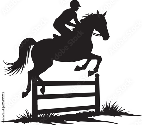 Black silhouette of horse and rider jumping over fence