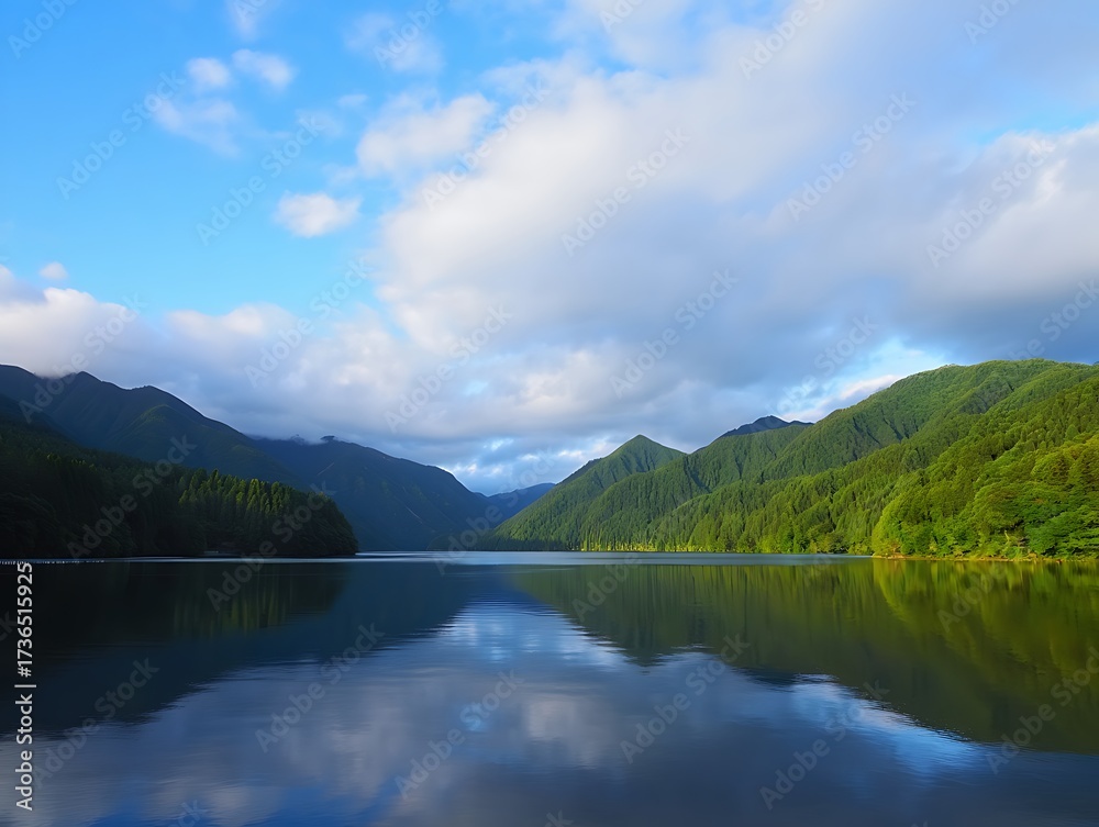 Fototapeta premium Tranquil lake surrounded by green mountains with cloudy sky reflections