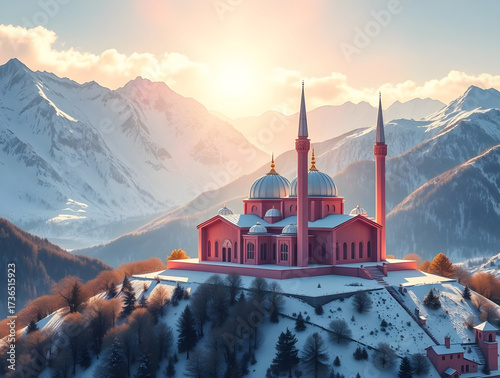 Origami-Style Digital Painting of a Snowy Mosque in Majestic Mountains