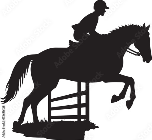 Black silhouette of horse and rider jumping over fence