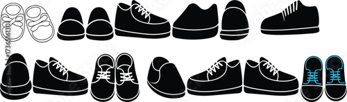 Set of Shoe Silhouette Vectors, Casual and Formal Footwear Clipart, Minimalist Black and White Shoe Icons