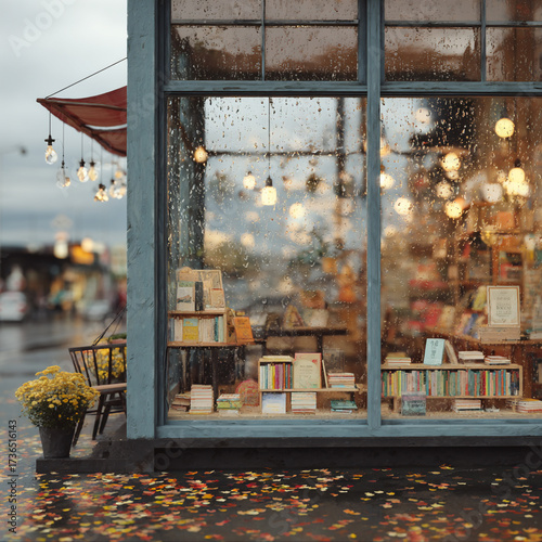 Cozy bookstore seen through rainy window with autumn leaves scattered outside