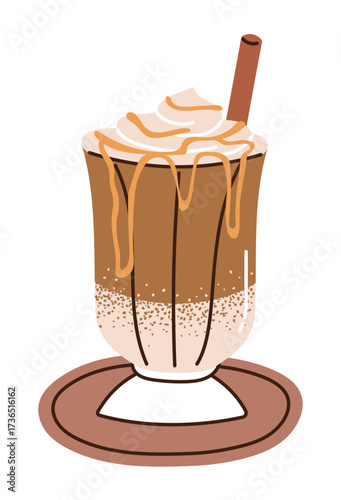 Iced caramel macchiato topped with whipped cream and caramel drizzle. Flat cartoon style vector illustration isolated on white background