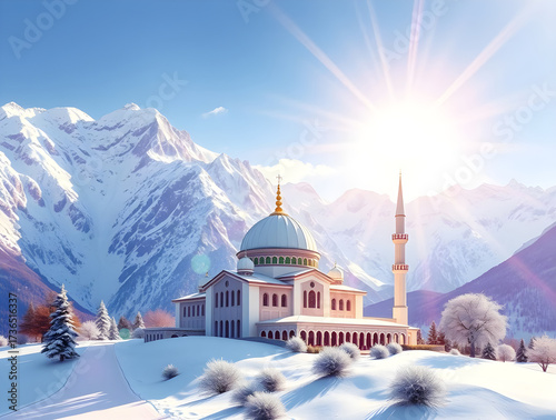 Origami-Style Digital Painting of a Snowy Mosque in Majestic Mountains