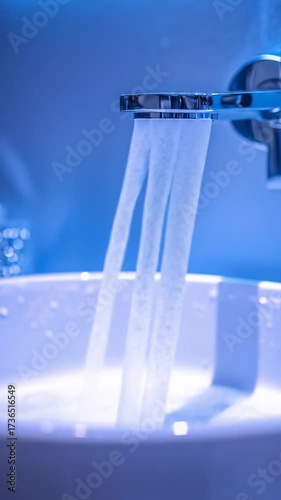 Streams of water flow from a shiny faucet into a porcelain sink, with blue lighting