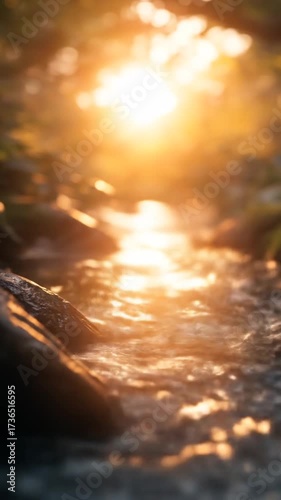 Sunlight cascades over a stream, reflecting on the water with blurred edges