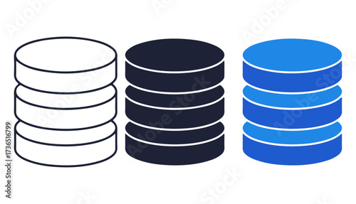 Database stack icon set. Editable vector illustration of data storage symbols in white, black, and blue styles. EPS server and IT concept pack