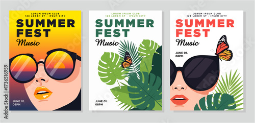 Trendy summer music festival posters with vibrant tropical vibes, perfect for promoting outdoor concerts and events with a cool, stylish aesthetic and a fun, youthful energy