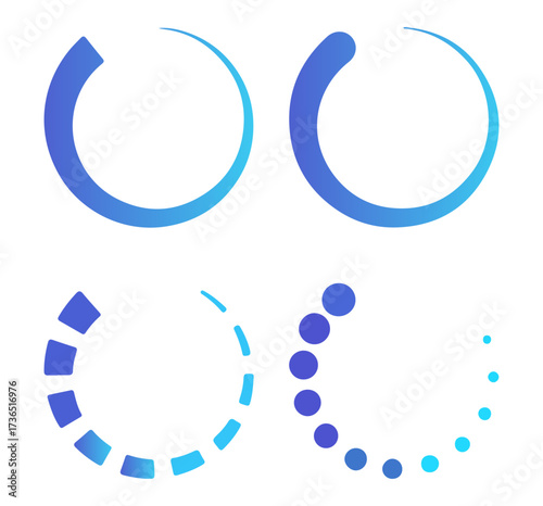 Loading spinner icon set. Editable vector illustration of circular progress indicators in gradient, segmented, and dotted styles. EPS UI concept pack