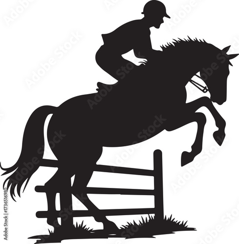 Black silhouette of horse and rider jumping over fence