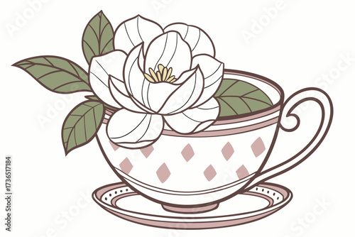 A hot cup of coffee or tea with pink rose flowers and green leaves on a white table is a perfect spring morning beverage