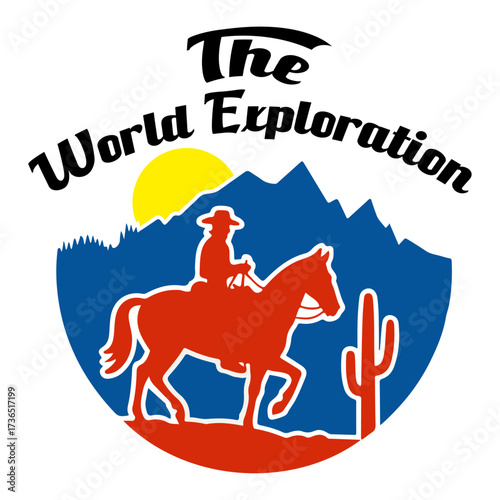 Cowboy Riding Horse in Desert with Mountains and Sun Vector Illustration, owboy, horse, desert, mountain, travel, silhouette, exploration, sun, riding, vintage, vector, journey.