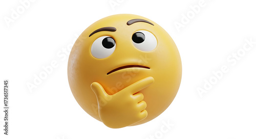 A 3D rendering of a yellow thinking face emoji with a raised eyebrow and a hand on its chin, isolated on a white background.