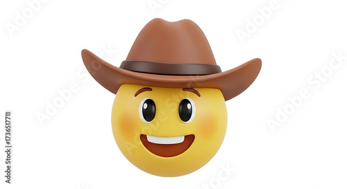 A cheerful yellow emoji wearing a brown cowboy hat, smiling broadly.