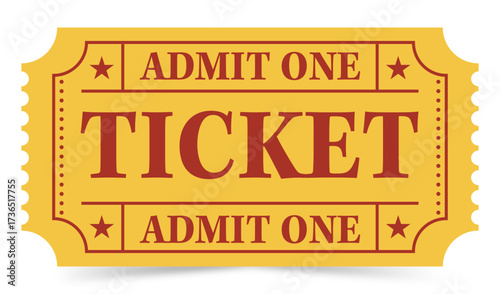 Retro Admit One Ticket – Vector Illustration. Vintage-style "Admit One" ticket vector featuring bold red typography, perforated edges, and decorative stars