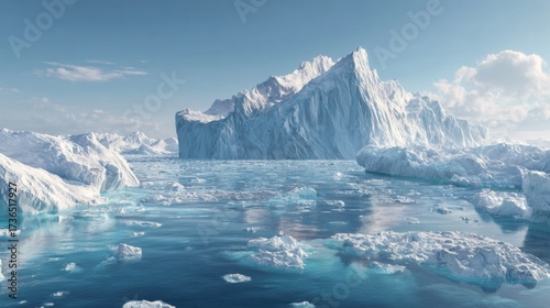 Wallpaper Mural A large iceberg rises from calm blue waters surrounded by smaller ice pieces. The bright sky adds to the tranquil beauty of this Arctic landscape highlighting natures splendor. Torontodigital.ca