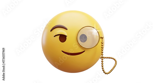 A 3D rendering of a yellow emoji face wearing a gold monocle with a chain, featuring a raised eyebrow and a slight smile, on a white background.