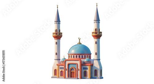 A stylized, cartoon-like illustration of a mosque with two minarets and a central dome.