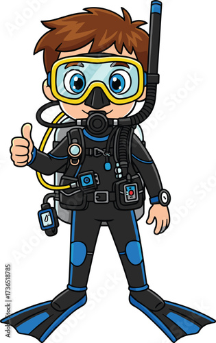 Cartoon scuba diver boy wearing full diving gear, snorkel mask, oxygen tank, wetsuit, flippers, underwater equipment, ocean exploration, marine adventure vector illustration