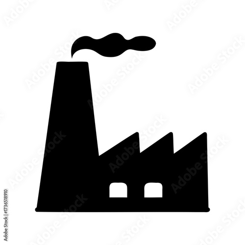 Iconic factory silhouette with smoke emission, industrial site representation, environmental issue.