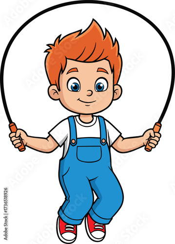 Cute cartoon boy skipping rope with happy expression, wearing blue overalls, red shoes, fun childhood activity, playful fitness, healthy lifestyle illustration