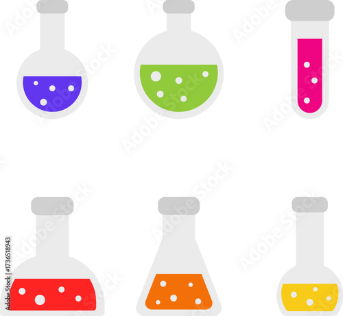 Colorful chemistry flasks with liquid in flat style