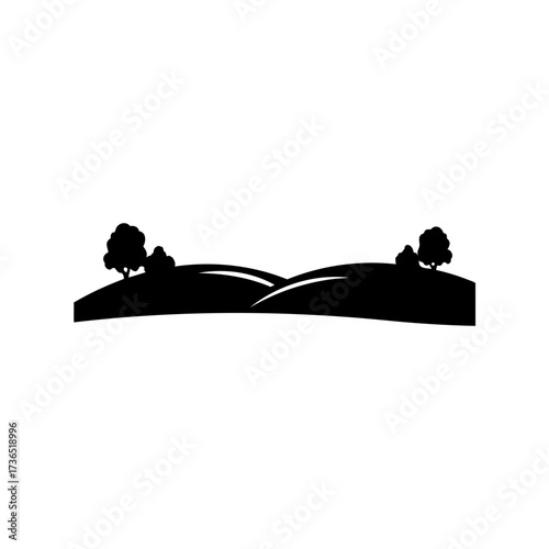 Silhouette landscape illustration featuring rolling hills and a couple of tree clusters