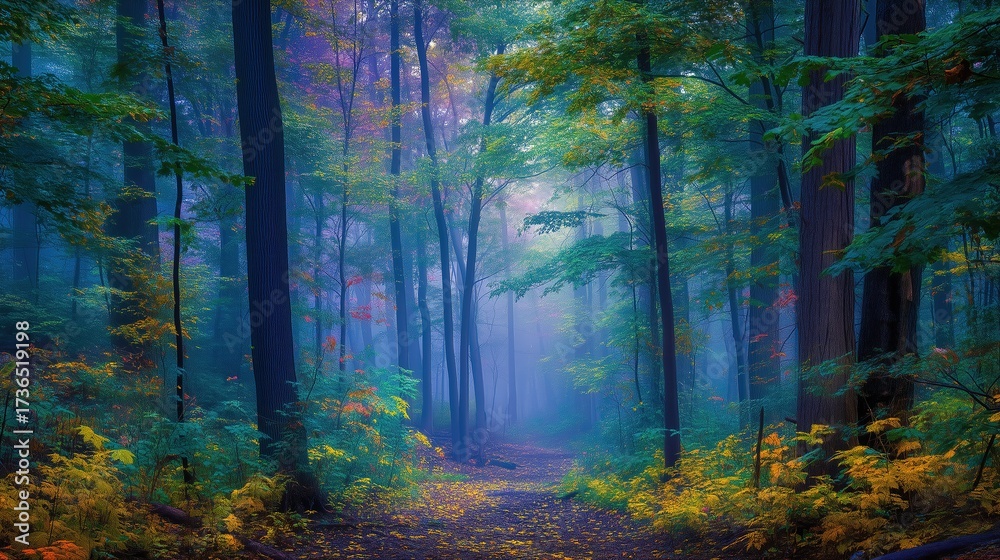 Fototapeta premium Golden Autumn Tree Path Tunnel Decoration with Winding Trees and Orange Fallen Leaves Tranquil Scene