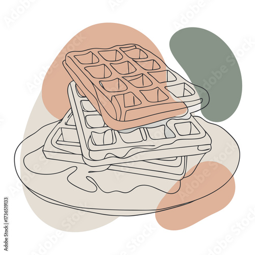 Waffles with syrup and toppings on a white background and copy space