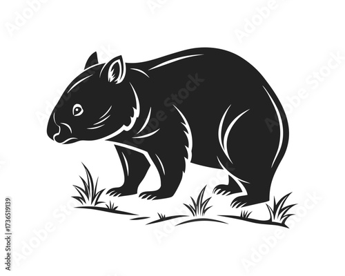 A black silhouette of a wombat with white outline details stands in a patch of stylized grass on a white background
