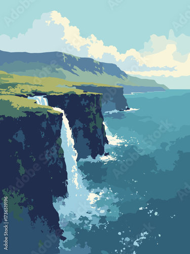 Faroe Islands – dramatic sea cliffs with waterfalls tumbling directly into the North Atlantic, no people