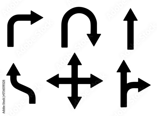 Directional arrow icon set. Editable vector illustration of navigation symbols including turn, U-turn, and multi-way arrows. EPS movement concept pack