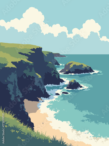 Cornwall Coast, England – rugged slate cliffs and sandy coves with turquoise swell, no people