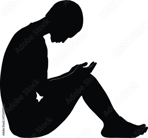 Contemplative Silhouette Vector Featuring Seated Figure with Bowed Head and Bent Knees in Black and White Line Art