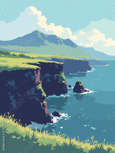 Isle of Skye, Scotland – windswept coastal cliffs with green pastures and sea stacks, no people