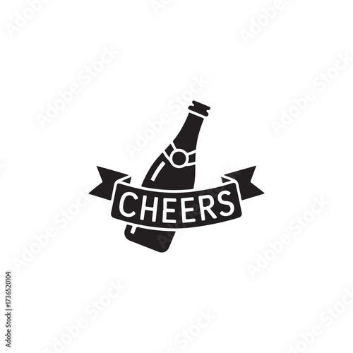 A black silhouette of a bottle with a cheers ribbon design.